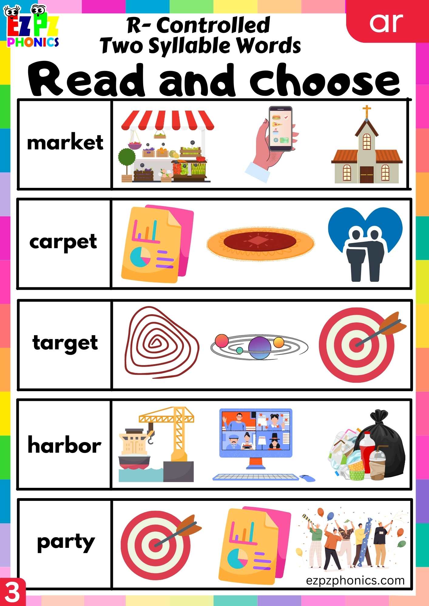 Read and choose activity for ar two syllable words R controlled vowels phonics group 3